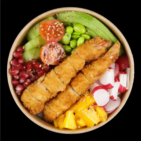 Poke crevette panée mangue grenade de Mas Sushi vu de dessus, dans un bol kraft