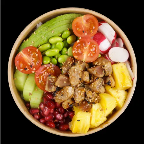 Poke bowl thon tataki ananas grenade de Mas Sushi vu de dessus, dans un bol kraft