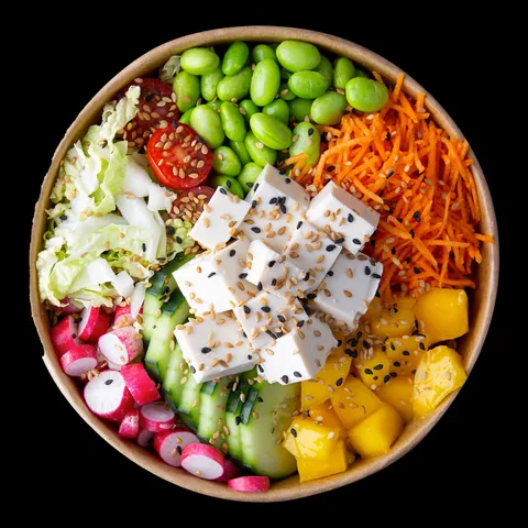 Poke bowl tofu mangue de Mas Sushi vu de dessus, dans un bol kraft