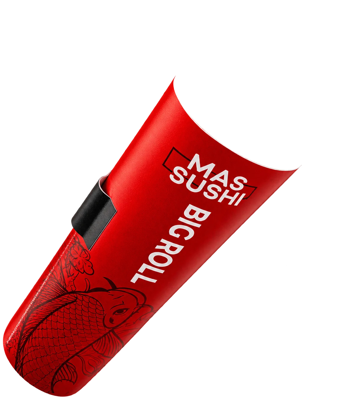 Big Roll de Mas Sushi : le tube rouge au logo Mas Sushi, le roll saumon, avocat et concombre qui en sort